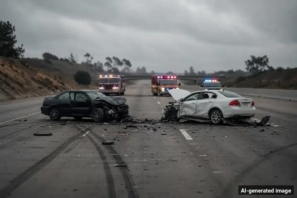 AI-generated image – Two Men Die in Wrong-Way Crash on I-5 Near Little Italy in San Diego AI-generated image depicting the aftermath of the reported collision. Editorial scene illustration; not the actual incident.