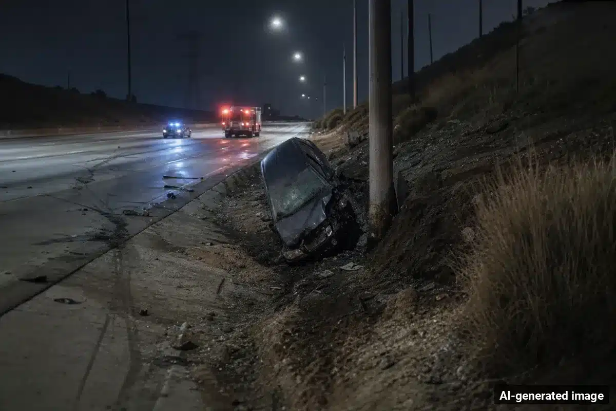 AI-generated image – Agua Dulce Crash on Sierra Highway Leaves One Trapped, Hospitalized AI-generated image depicting the aftermath of the reported collision. Editorial scene illustration; not the actual incident.