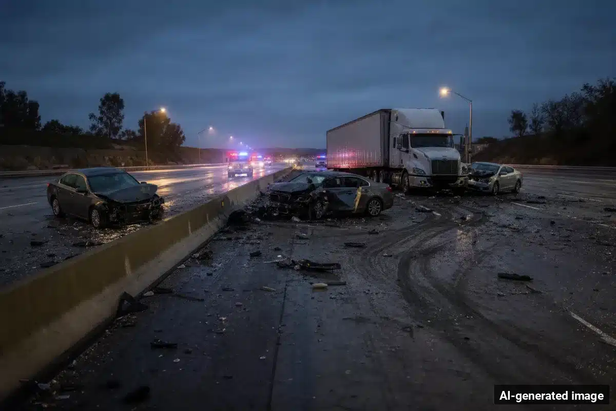 AI-generated image – Big-Rig Crash on 210 Freeway in Irwindale Kills Woman, Injures 32 AI-generated image depicting the aftermath of the reported collision. Editorial scene illustration; not the actual incident.