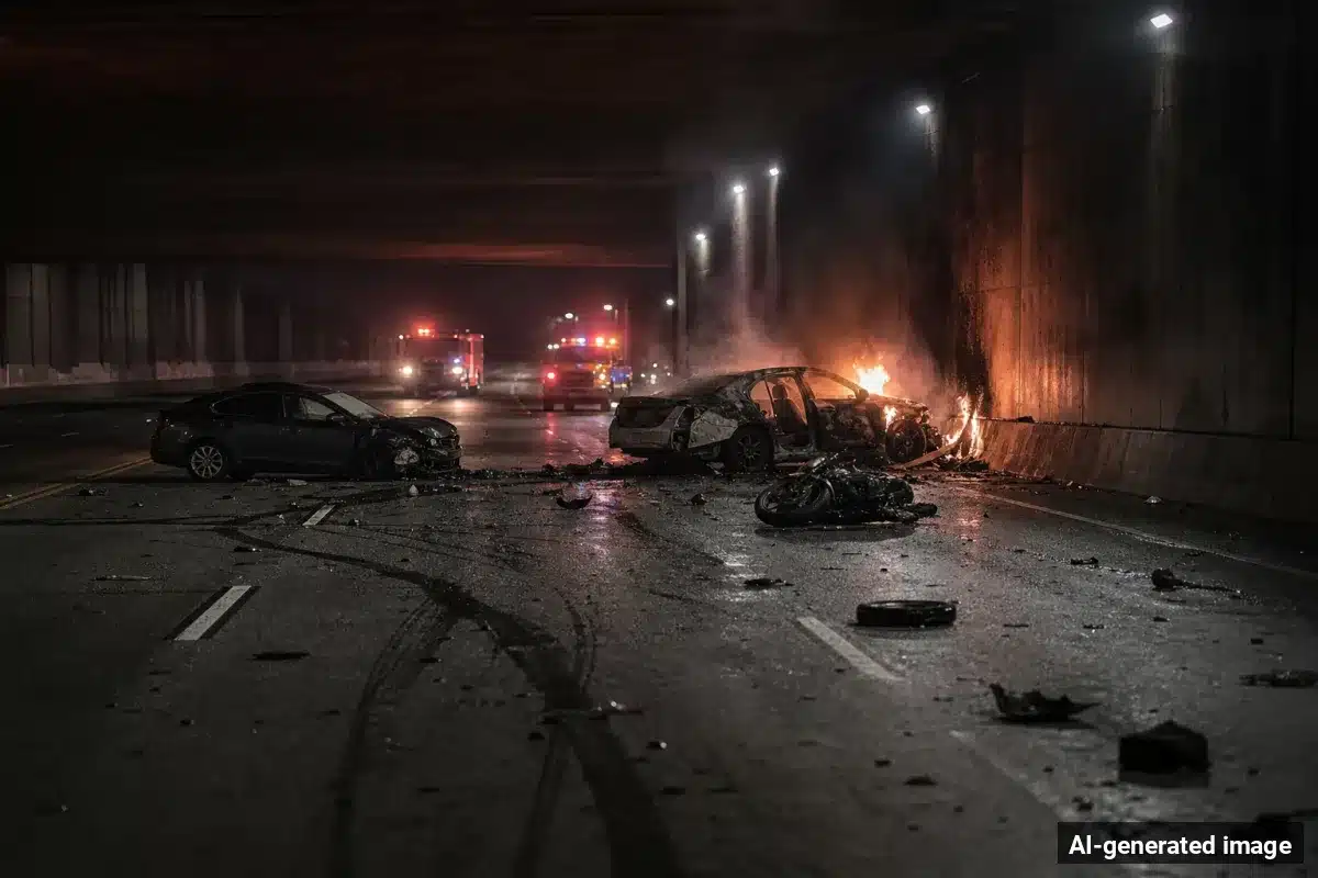 AI-generated image – Driver Killed in Fiery I-15 Crash in Mira Mesa, San Diego AI-generated image depicting the aftermath of the reported collision. Editorial scene illustration; not the actual incident.