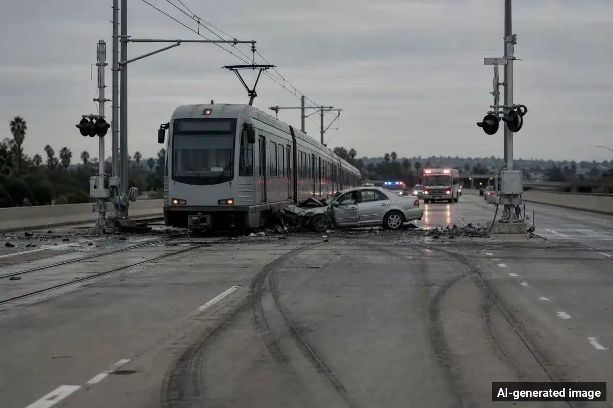 AI-generated image – Light Rail Train Crash in Rancho Cordova Kills One, Injures Two AI-generated image depicting the aftermath of the reported collision. Editorial scene illustration; not the actual incident.