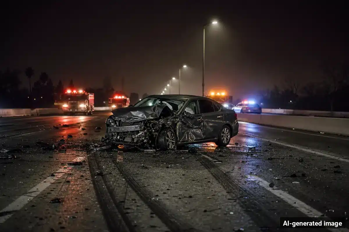 AI-generated image – Man, 24, Killed in Single-Vehicle Crash on 605 Freeway in Gardena AI-generated image depicting the aftermath of the reported collision. Editorial scene illustration; not the actual incident.