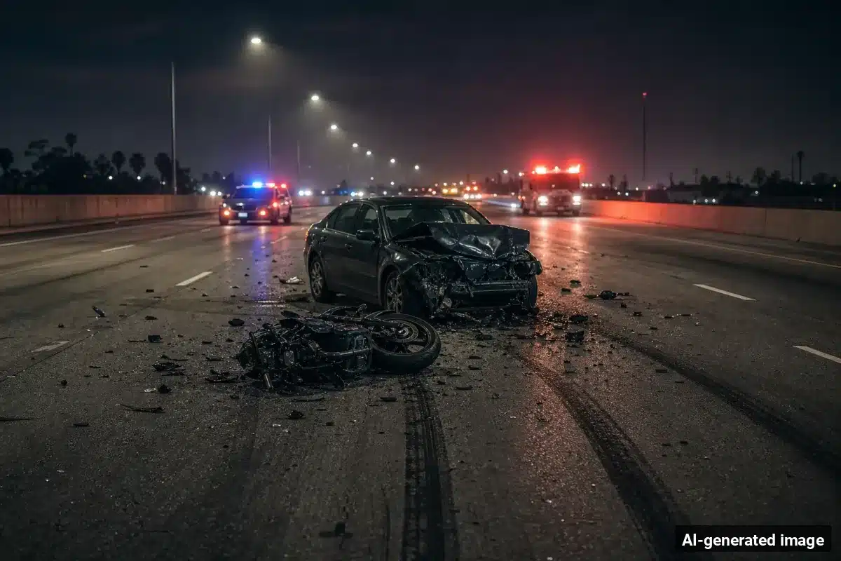 AI-generated image – Motorcyclist Killed in Highway 74 Crash Near Mountain Center AI-generated image depicting the aftermath of the reported collision. Editorial scene illustration; not the actual incident.