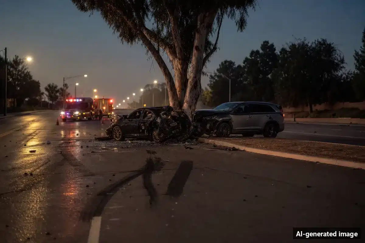AI-generated image – One Killed in Suspected DUI Crash on Santa Clara Drive in Pomona AI-generated image depicting the aftermath of the reported collision. Editorial scene illustration; not the actual incident.