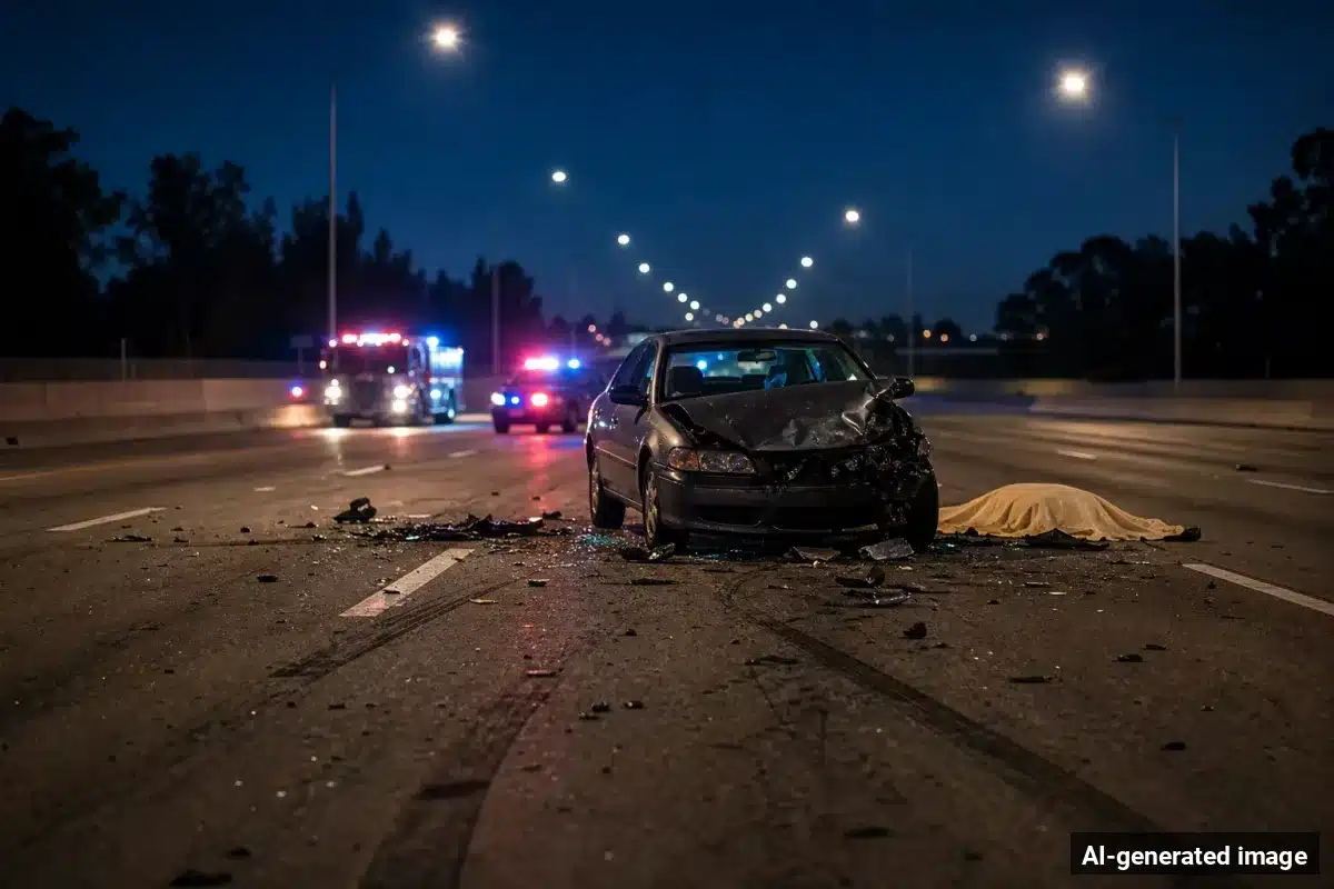 AI-generated image – Pedestrian Killed in Newport Beach Crash on East Coast Highway AI-generated image depicting the aftermath of the reported collision. Editorial scene illustration; not the actual incident.