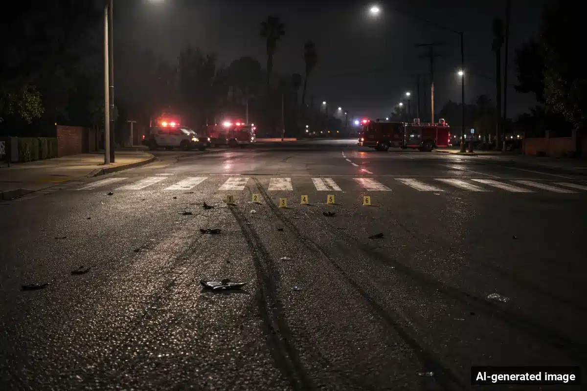 AI-generated image – Pedestrian Seriously Hurt in Norwalk Hit-and-Run on Main Street AI-generated image depicting the aftermath of the reported collision. Editorial scene illustration; not the actual incident.