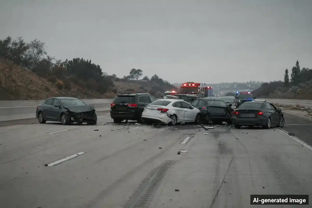 AI-generated image – Reseda Multi-Car Crash on Tampa Avenue Injures 8 People AI-generated image depicting the aftermath of the reported collision. Editorial scene illustration; not the actual incident.