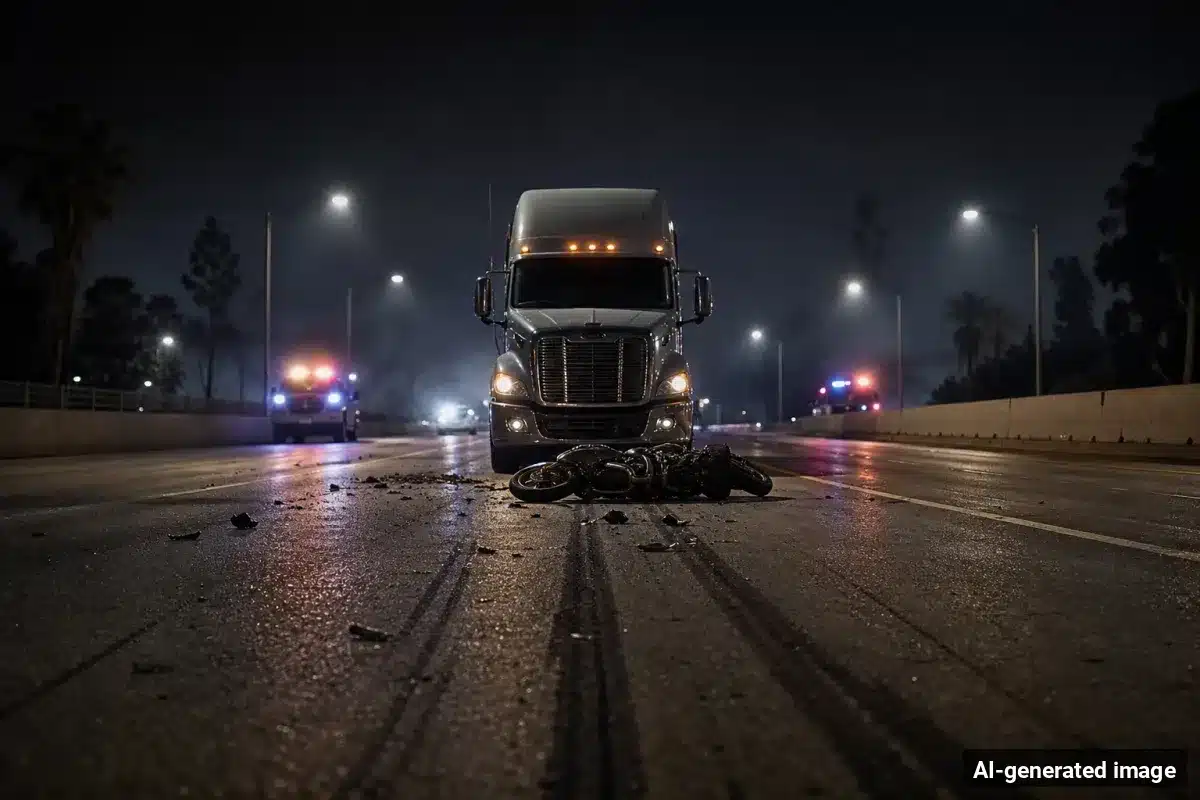 AI-generated image – Sun Valley Motorcyclist Killed in Hit-and-Run Involving Big Rig AI-generated image depicting the aftermath of the reported collision. Editorial scene illustration; not the actual incident.
