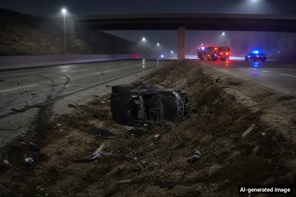 AI-generated image – Three Killed in BMW Crash off Highway 9 near Saratoga AI-generated image depicting the aftermath of the reported collision. Editorial scene illustration; not the actual incident.