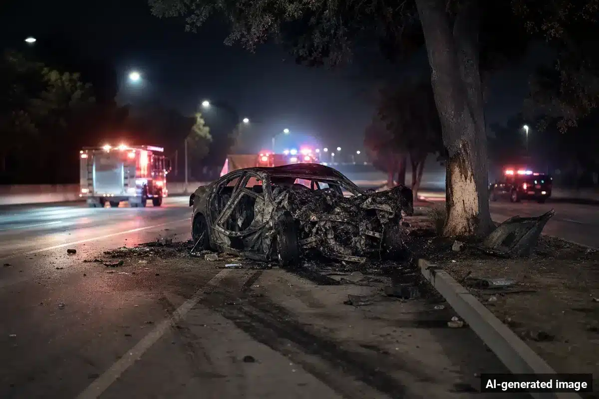 AI-generated image – Two Killed in Fiery Head-On Crash With Tree Near Vacaville AI-generated image depicting the aftermath of the reported collision. Editorial scene illustration; not the actual incident.