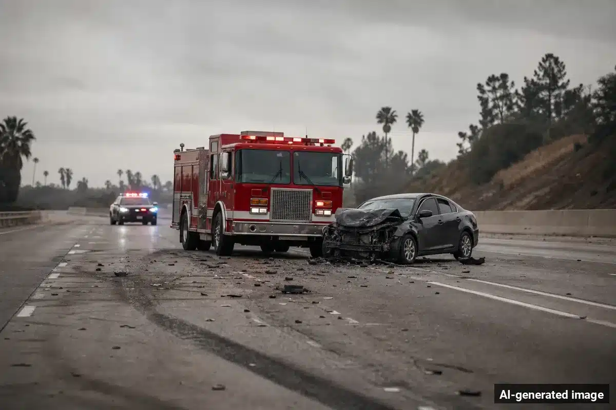 AI-generated image – Two Killed, Including 10-Year-Old, in CAL FIRE Truck Crash in Hemet Valley AI-generated image depicting the aftermath of the reported collision. Editorial scene illustration; not the actual incident.
