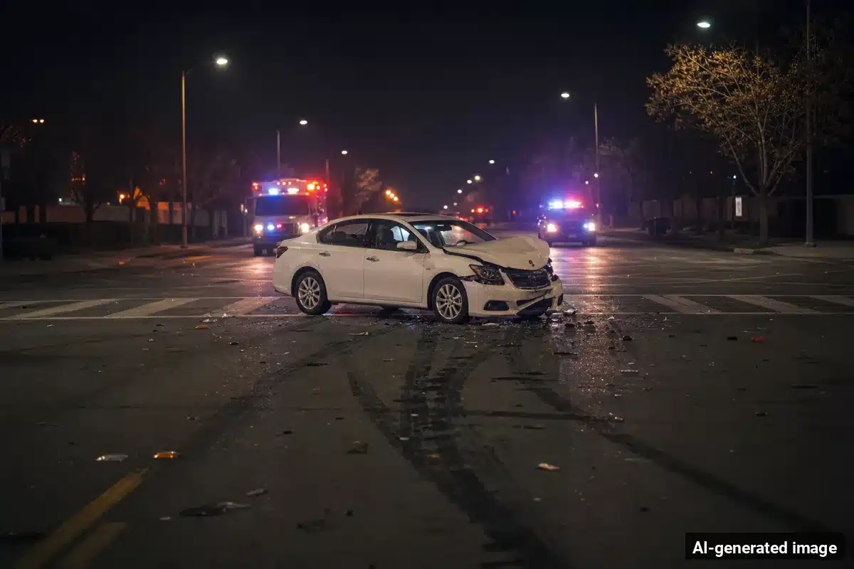 AI-generated image – Two Women Killed in Stanton Crash on Cerritos Avenue AI-generated image depicting the aftermath of the reported collision. Editorial scene illustration; not the actual incident.