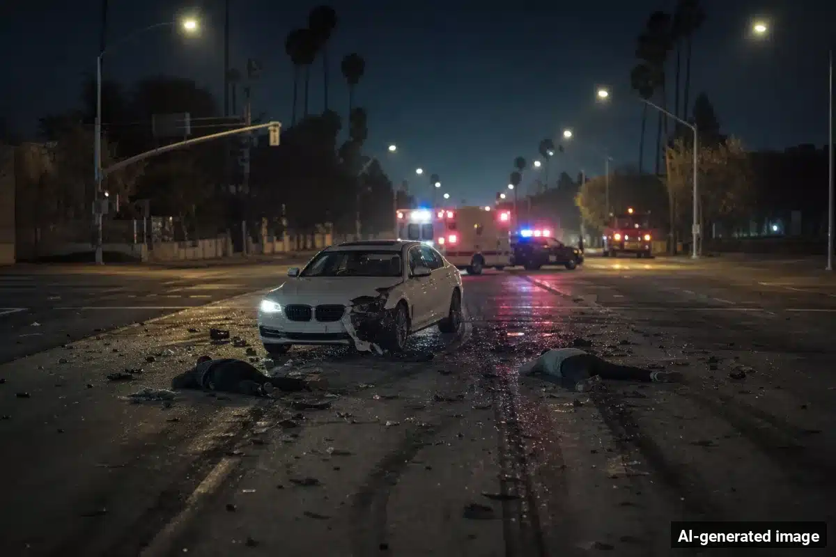 AI-generated image – Two Women Killed in Stanton Pedestrian Crash on Cerritos Avenue AI-generated image depicting the aftermath of the reported collision. Editorial scene illustration; not the actual incident.