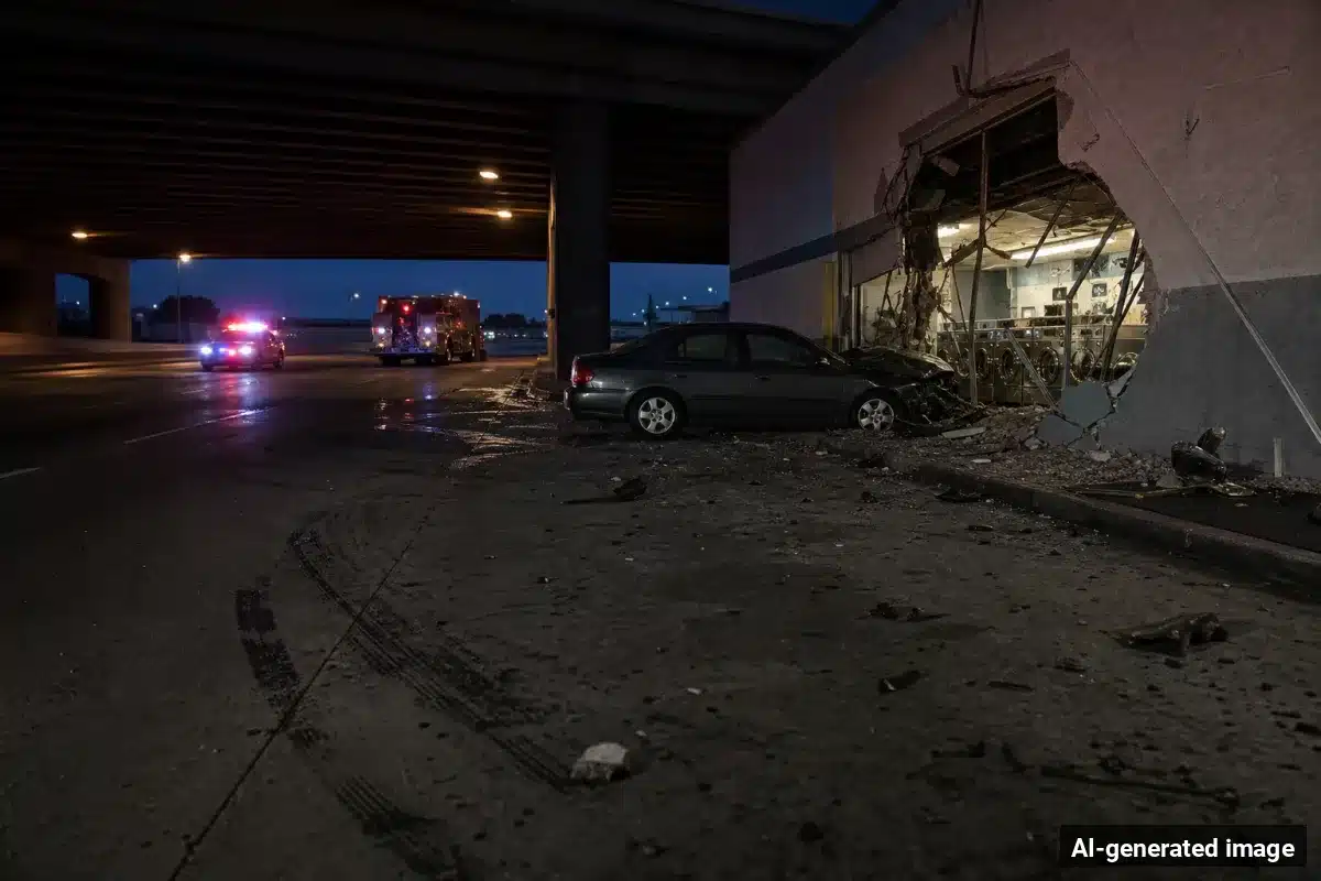 AI-generated image – Woman Killed When Vehicle Strikes Manhattan Beach Laundromat AI-generated image depicting the aftermath of the reported collision. Editorial scene illustration; not the actual incident.