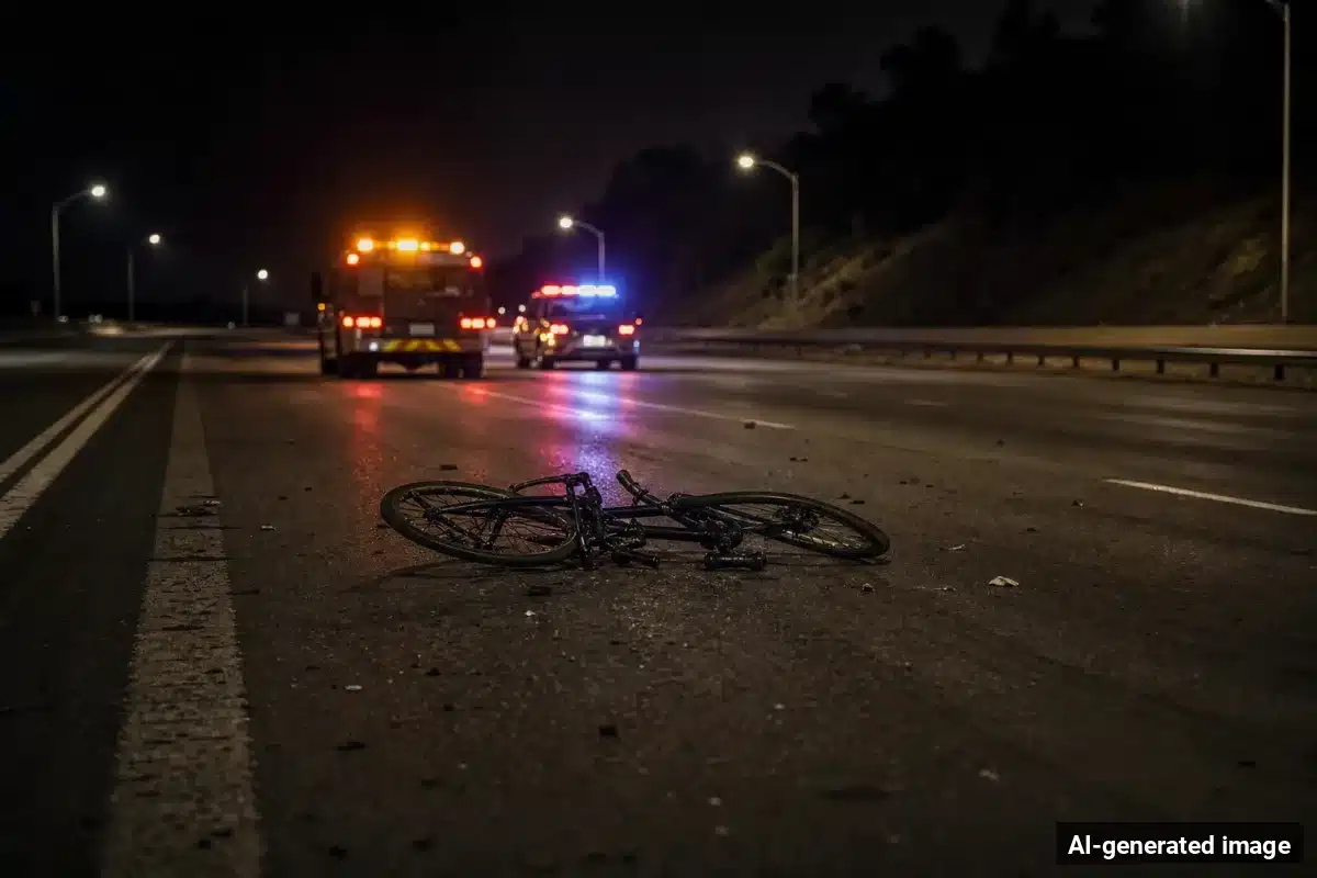 AI-generated image – Bicyclist Hurt in Hit-and-Run on Highway 154 Near Santa Ynez AI-generated image depicting the aftermath of the reported collision. Editorial scene illustration; not the actual incident.