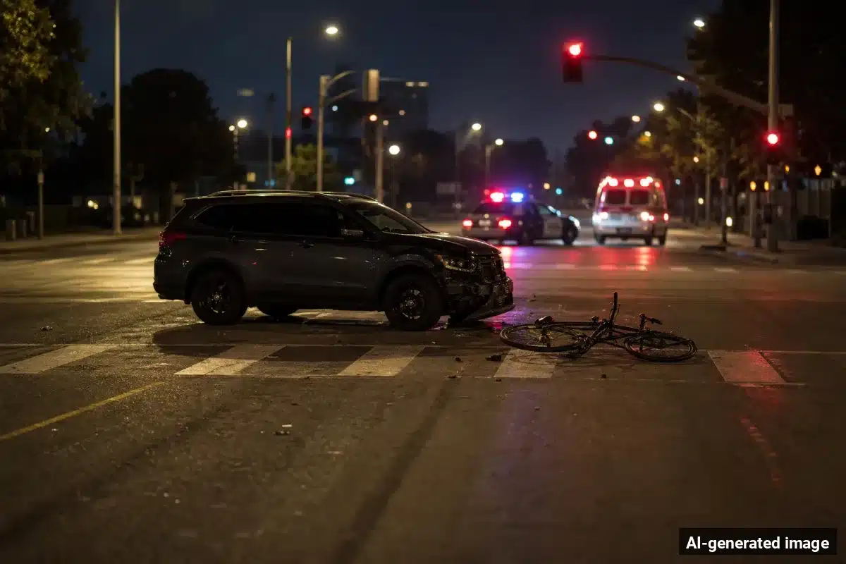 AI-generated image – Bicyclist Killed in West Long Beach Hit-and-Run Crash AI-generated image depicting the aftermath of the reported collision. Editorial scene illustration; not the actual incident.