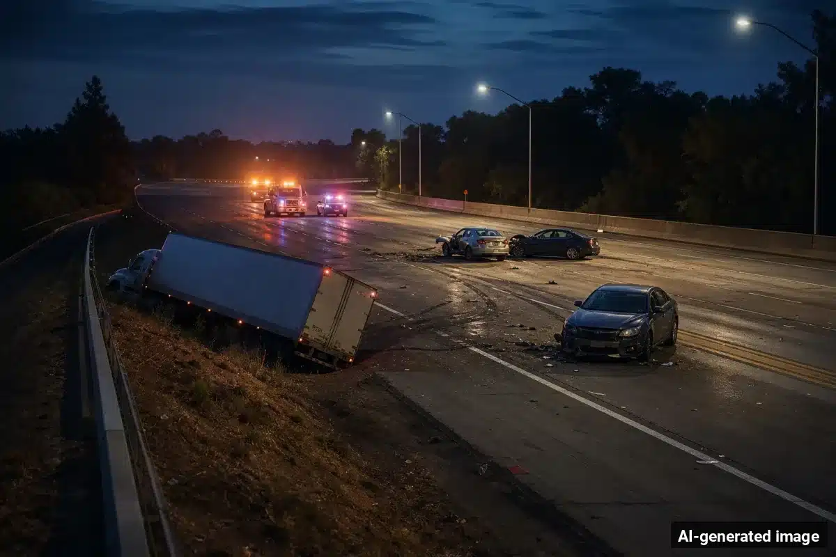AI-generated image – Big Rig and Multiple Cars Crash on I-80 Near Blue Canyon AI-generated image depicting the aftermath of the reported collision. Editorial scene illustration; not the actual incident.