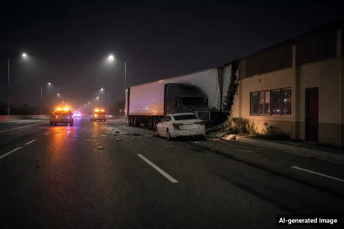AI-generated image – Big Rig Crashes Into Sacramento Elementary School During Class AI-generated image depicting the aftermath of the reported collision. Editorial scene illustration; not the actual incident.