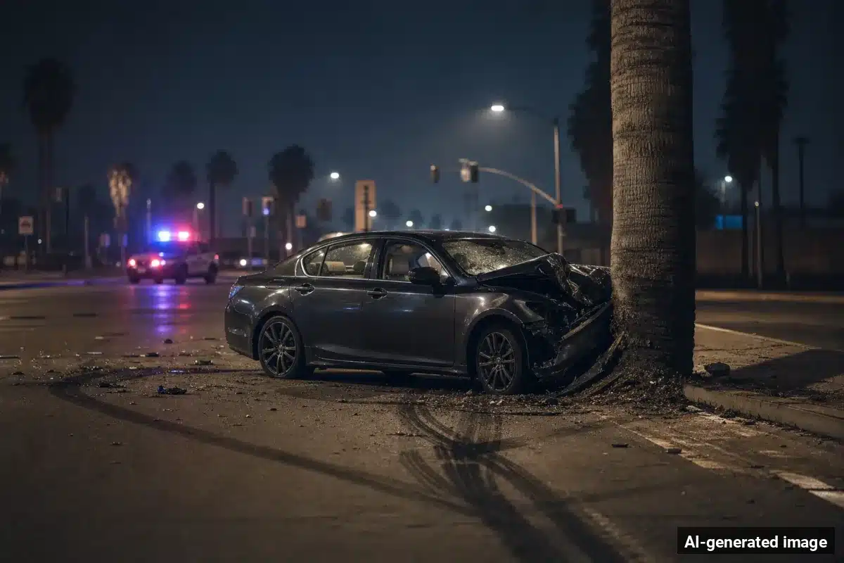 AI-generated image – Driver, 73, Killed in Single-Vehicle Crash in La Quinta AI-generated image depicting the aftermath of the reported collision. Editorial scene illustration; not the actual incident.