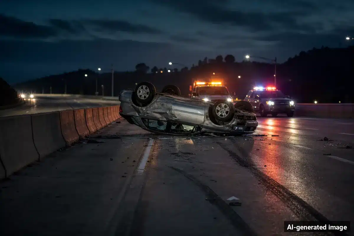 AI-generated image – Driver Critically Hurt in Highway 4 Rollover Crash in Stockton AI-generated image depicting the aftermath of the reported collision. Editorial scene illustration; not the actual incident.