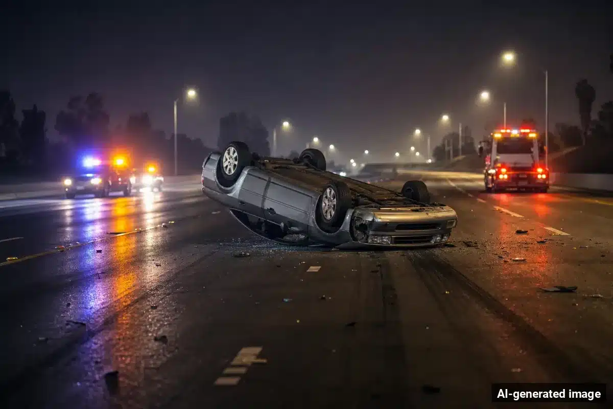 AI-generated image – Driver Hurt in Rollover Crash Near Hwy 180 and Clovis Avenue in Fresno AI-generated image depicting the aftermath of the reported collision. Editorial scene illustration; not the actual incident.