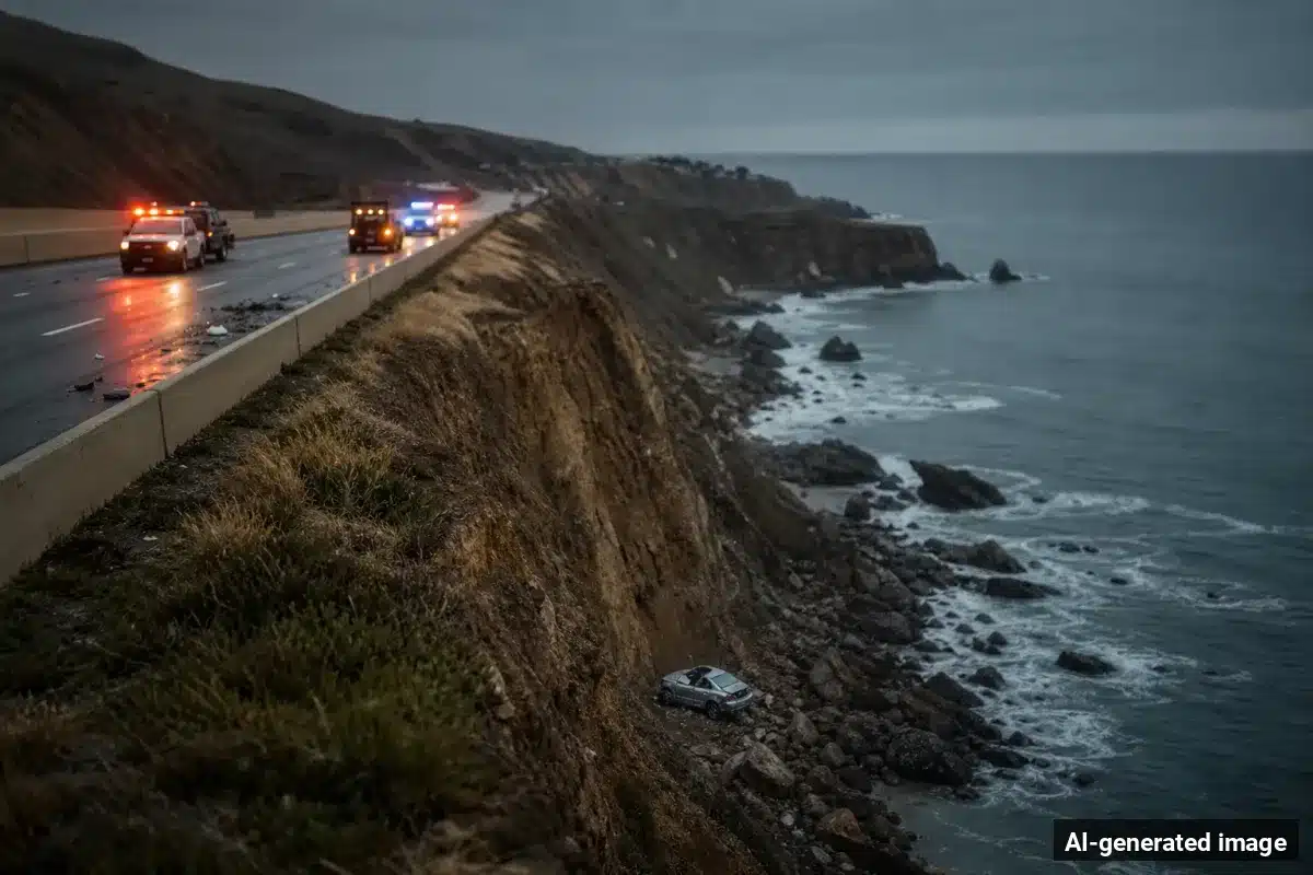 AI-generated image – Driver Killed After Car Plunges Off Highway 1 Cliff in Big Sur AI-generated image depicting the aftermath of the reported collision. Editorial scene illustration; not the actual incident.