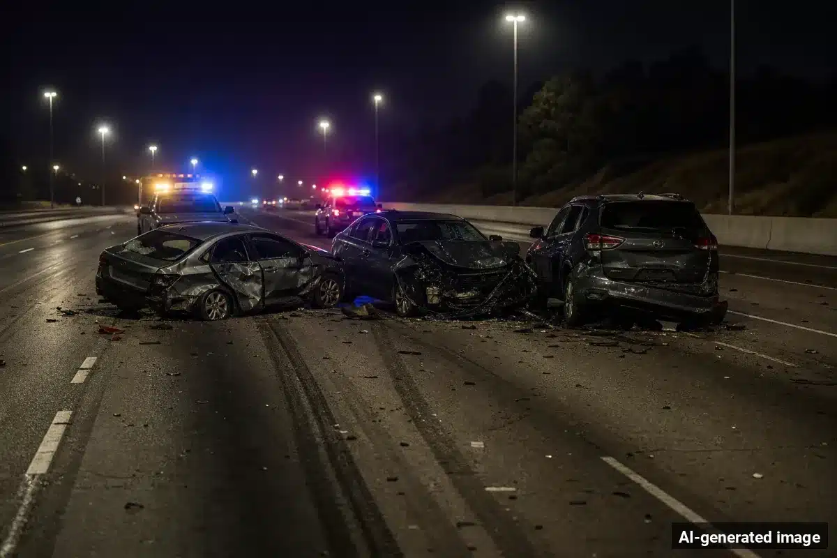 AI-generated image – Driver Killed, Another Arrested for DUI in 10 Freeway Crash in Fontana AI-generated image depicting the aftermath of the reported collision. Editorial scene illustration; not the actual incident.