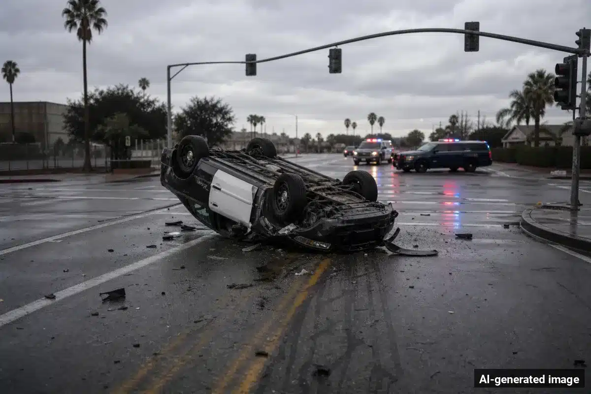 AI-generated image – Fresno Officer Hurt When Patrol Vehicle Overturns in Intersection Crash AI-generated image depicting the aftermath of the reported collision. Editorial scene illustration; not the actual incident.