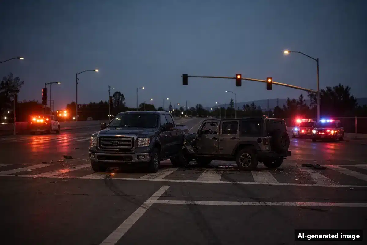 AI-generated image – Man Killed Trying to Stop Fleeing Driver in Redwood City Crash AI-generated image depicting the aftermath of the reported collision. Editorial scene illustration; not the actual incident.