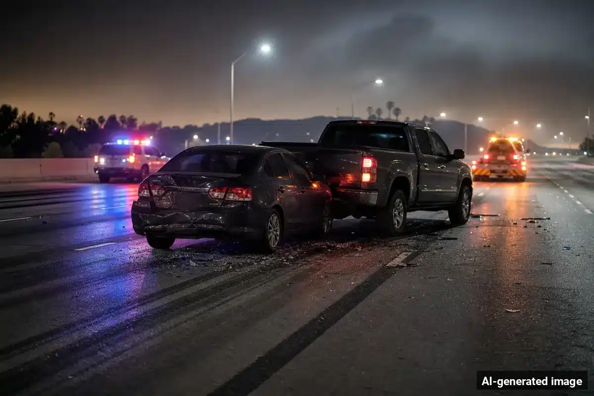 AI-generated image – Mead Valley Rear-End Crash at Rider Street Kills Motorist, 23 AI-generated image depicting the aftermath of the reported collision. Editorial scene illustration; not the actual incident.
