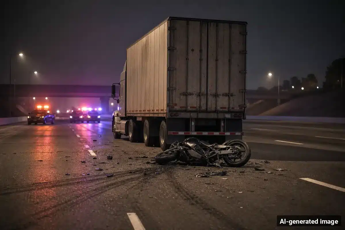 AI-generated image – Motorcyclist, 65, Killed in Crash on I-15 Near Barstow AI-generated image depicting the aftermath of the reported collision. Editorial scene illustration; not the actual incident.