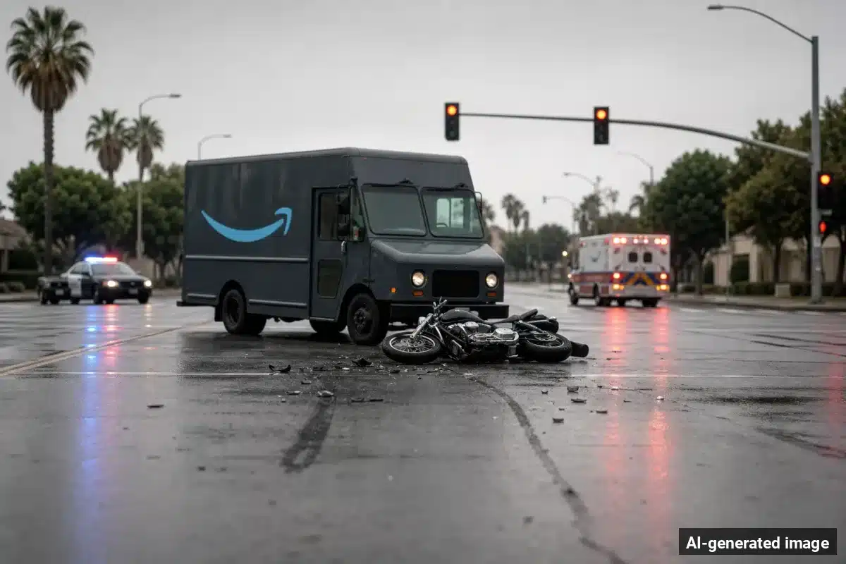 AI-generated image – Motorcyclist Killed in Crash With Amazon Truck in Huntington Beach AI-generated image depicting the aftermath of the reported collision. Editorial scene illustration; not the actual incident.