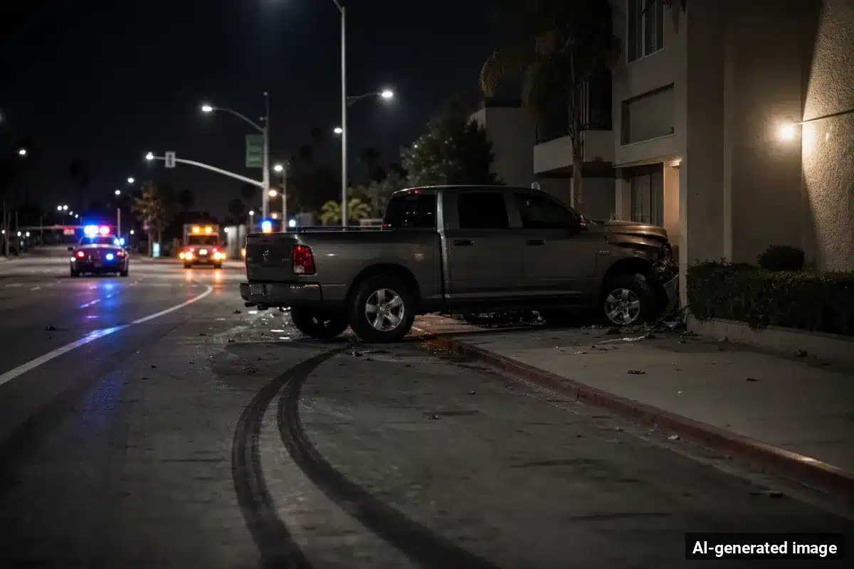AI-generated image – North Long Beach Hit-and-Run Killed Father and Daughter; Suspect Sought AI-generated image depicting the aftermath of the reported collision. Editorial scene illustration; not the actual incident.