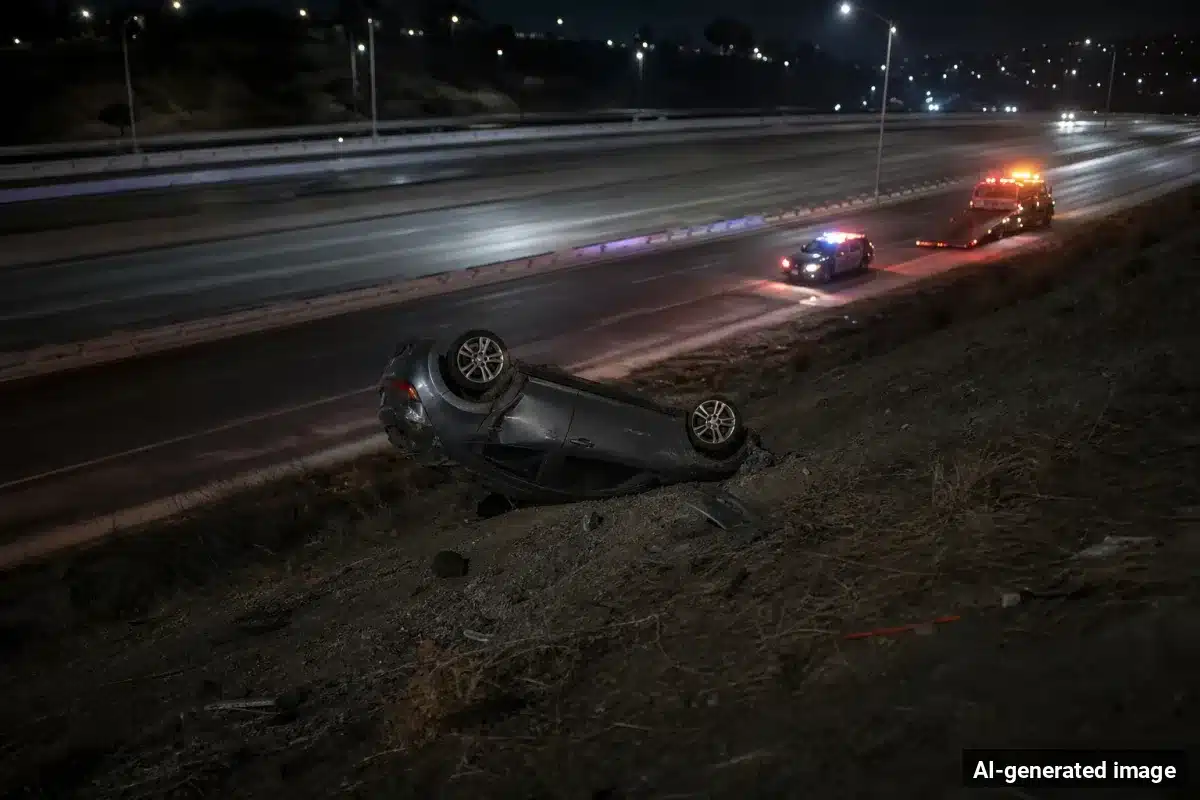 AI-generated image – One Dead, Two Injured in I-15 Rollover Crash in Cajon Pass AI-generated image depicting the aftermath of the reported collision. Editorial scene illustration; not the actual incident.
