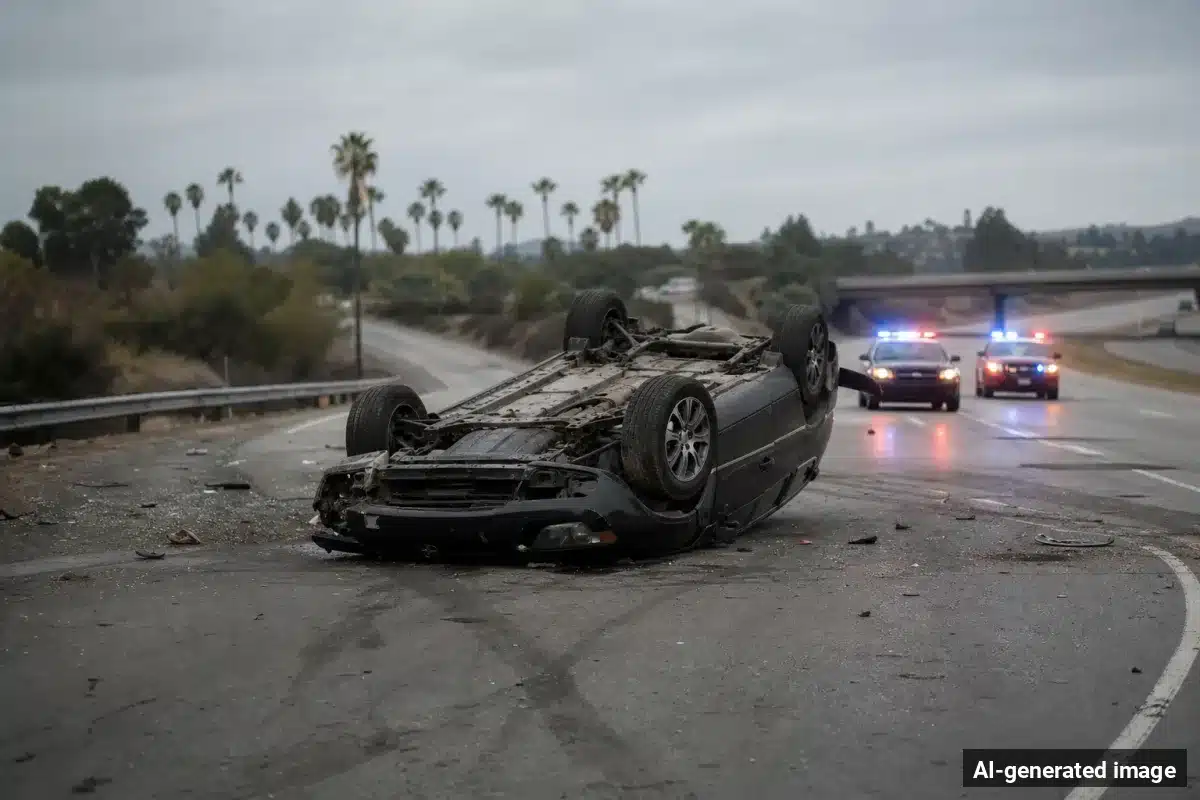 AI-generated image – One Killed in Rollover Crash Off I-15 Near Ghost Town Road in Yermo AI-generated image depicting the aftermath of the reported collision. Editorial scene illustration; not the actual incident.