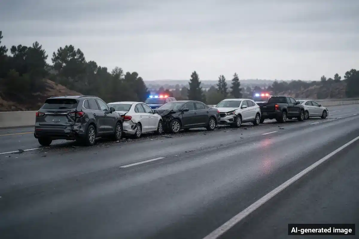 AI-generated image – One Killed in Six-Vehicle Crash on 5 Freeway Near Downtown LA AI-generated image depicting the aftermath of the reported collision. Editorial scene illustration; not the actual incident.