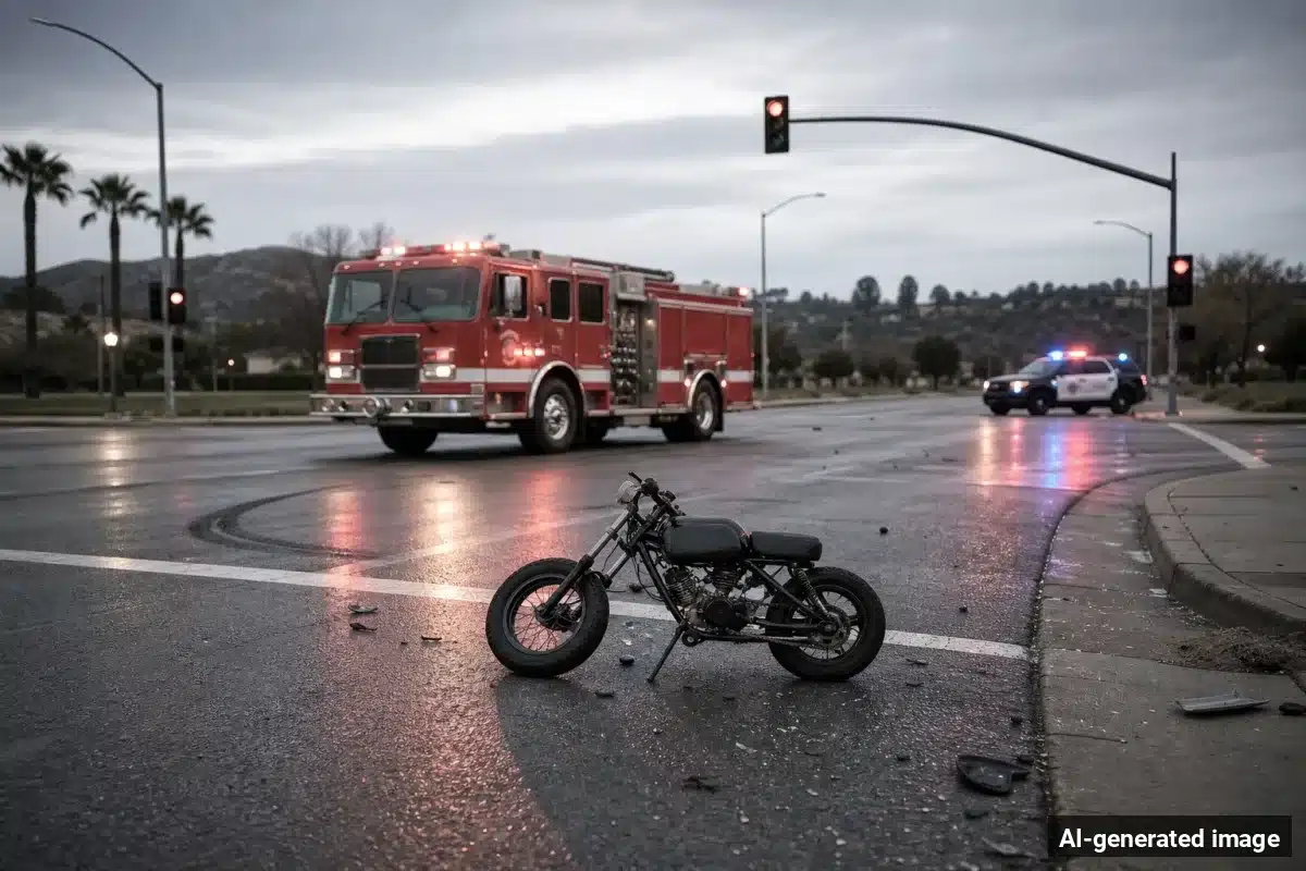 AI-generated image – Oxnard Bicyclist Seriously Hurt in Crash With Fire Truck AI-generated image depicting the aftermath of the reported collision. Editorial scene illustration; not the actual incident.