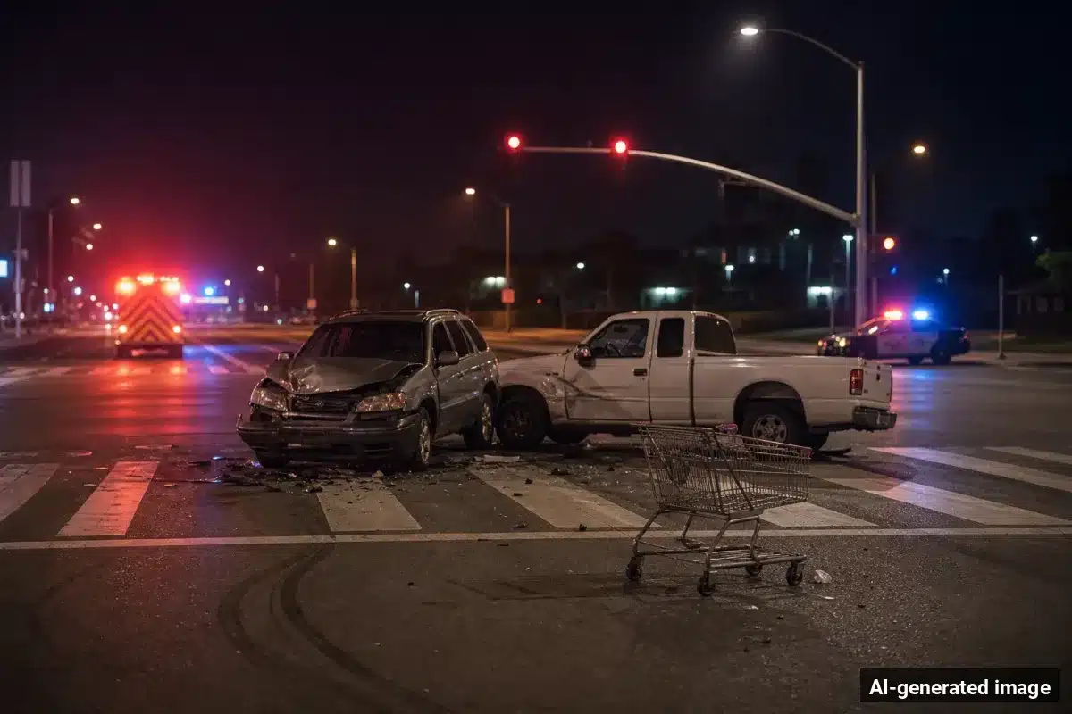 AI-generated image – Pedestrian Critically Hurt in San Jose Crash Near Leigh Avenue AI-generated image depicting the aftermath of the reported collision. Editorial scene illustration; not the actual incident.