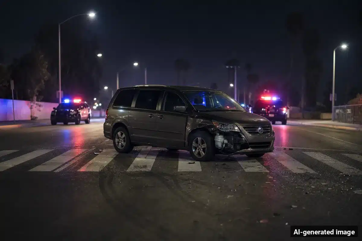AI-generated image – Pedestrian Killed in Kearny Mesa Crash on Clairemont Mesa Blvd AI-generated image depicting the aftermath of the reported collision. Editorial scene illustration; not the actual incident.