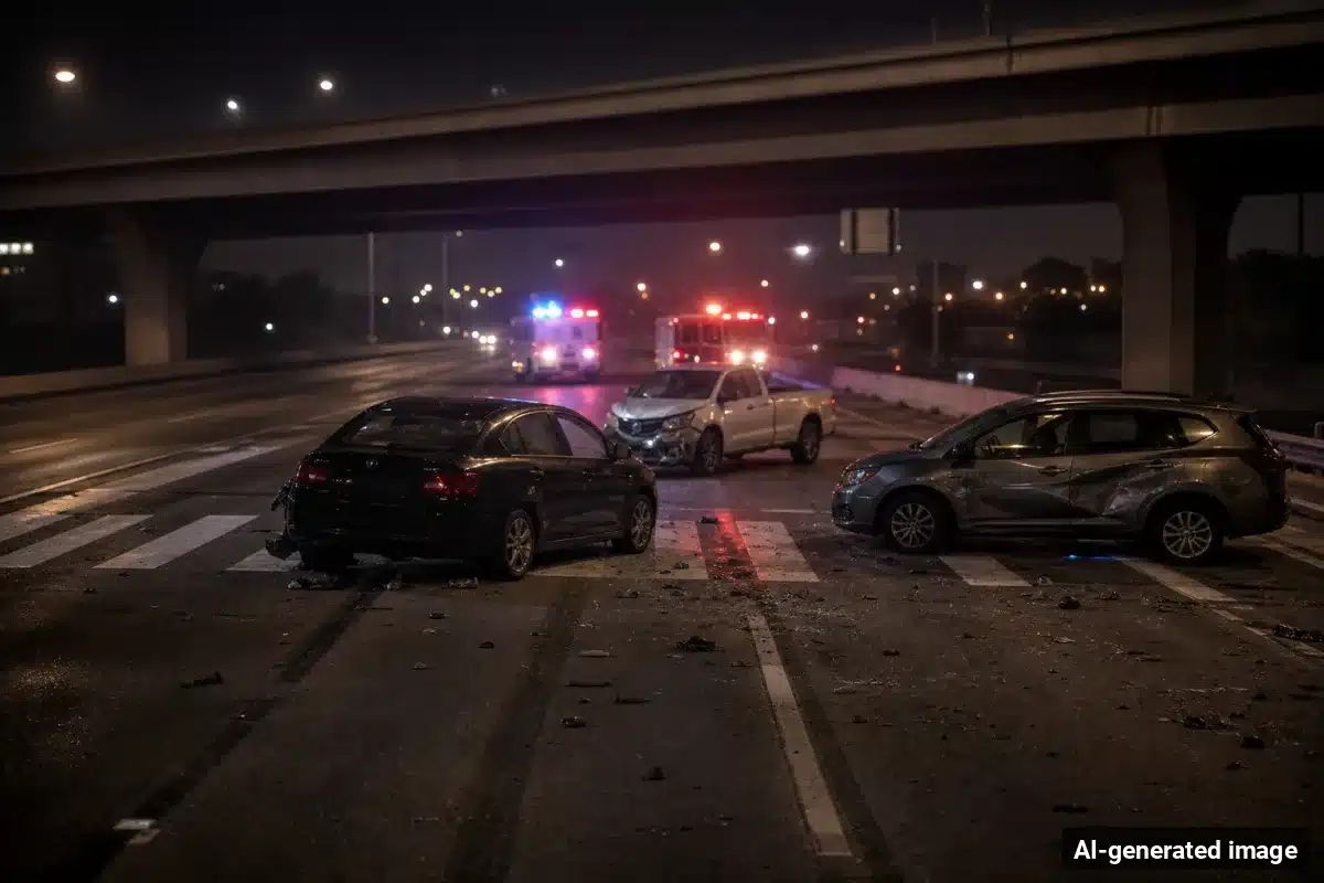 AI-generated image – Pedestrian Killed in Multi-Vehicle Crash on Highway 99 in Bakersfield AI-generated image depicting the aftermath of the reported collision. Editorial scene illustration; not the actual incident.