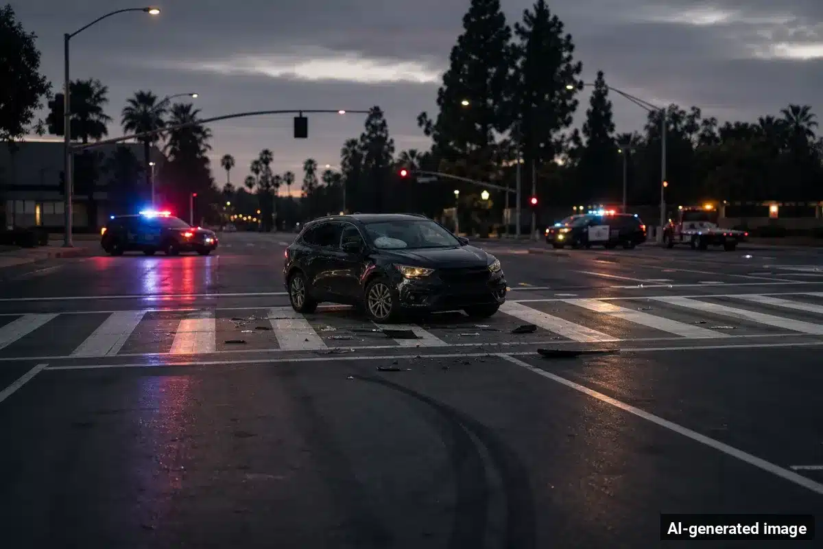AI-generated image – Pedestrian Killed in Pico-Union Crash at Venice Blvd and Oak St AI-generated image depicting the aftermath of the reported collision. Editorial scene illustration; not the actual incident.
