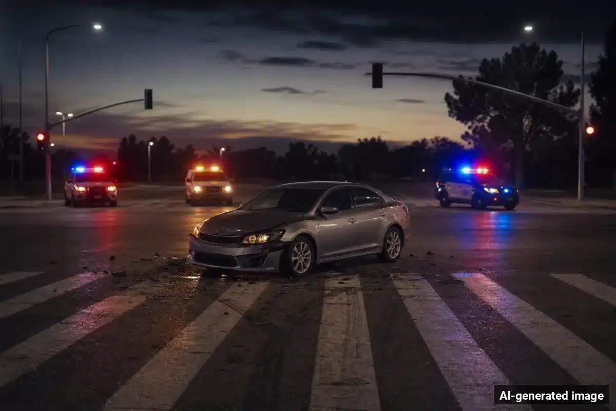 AI-generated image – Pedestrian Killed in San Jose Crash at Capitol Expressway AI-generated image depicting the aftermath of the reported collision. Editorial scene illustration; not the actual incident.