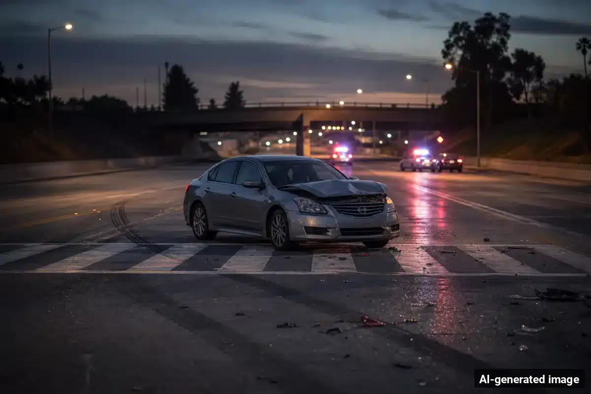 AI-generated image – Pedestrian Killed in South Sacramento Hit-and-Run on Prentiss Drive AI-generated image depicting the aftermath of the reported collision. Editorial scene illustration; not the actual incident.