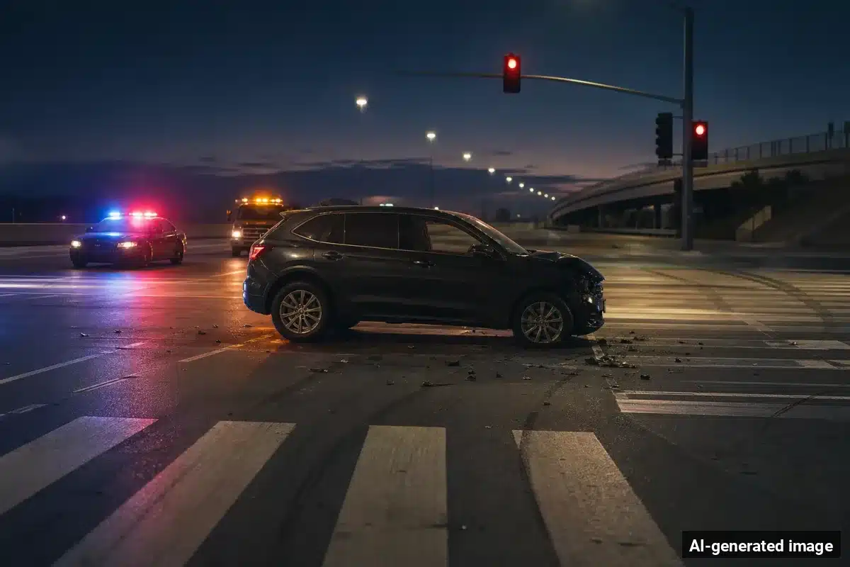 AI-generated image – Pedestrian Killed in Vineyard Avenue Crash in Oxnard AI-generated image depicting the aftermath of the reported collision. Editorial scene illustration; not the actual incident.