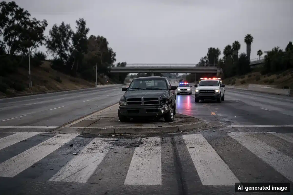 AI-generated image – Pedestrian Killed on Highway 41 in Fresno During Evening Rush AI-generated image depicting the aftermath of the reported collision. Editorial scene illustration; not the actual incident.