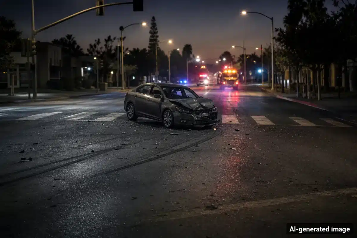 AI-generated image – Pedestrian Seriously Hurt in Desert Hot Springs Hit-and-Run AI-generated image depicting the aftermath of the reported collision. Editorial scene illustration; not the actual incident.