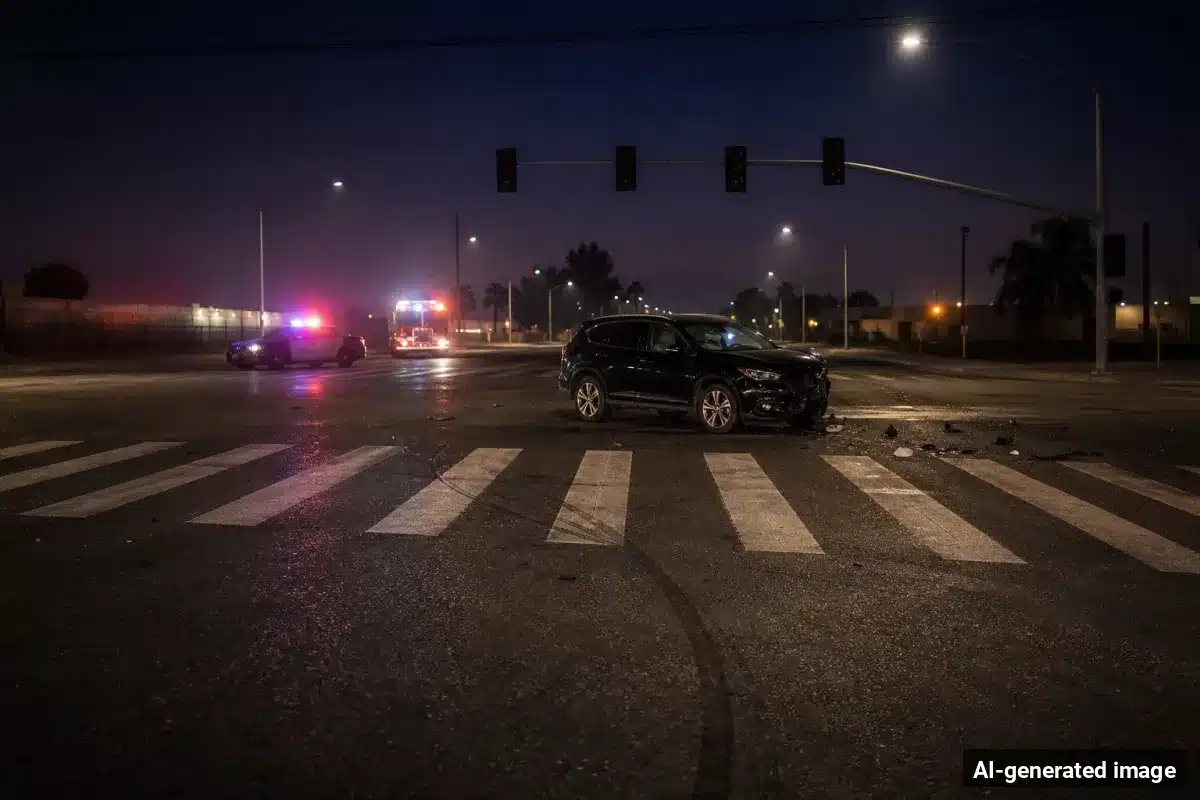 AI-generated image – Pedestrian Struck and Killed Crossing Roadway in Delano AI-generated image depicting the aftermath of the reported collision. Editorial scene illustration; not the actual incident.
