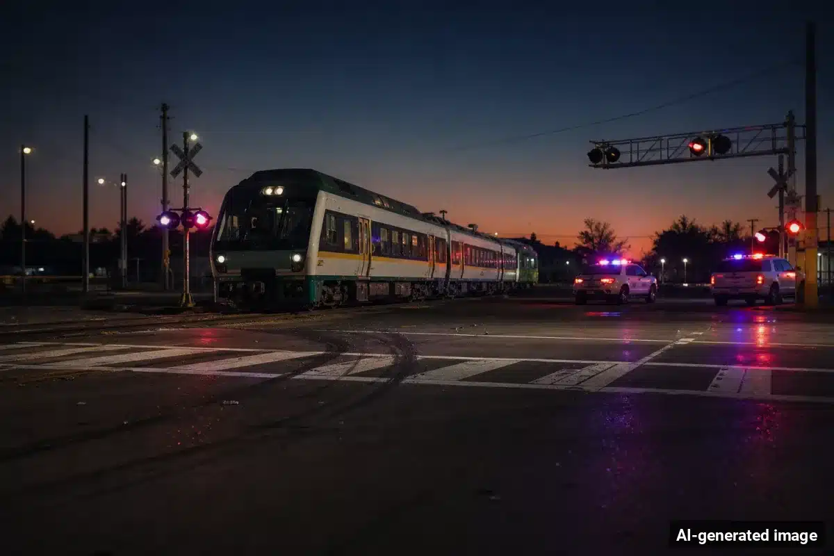 AI-generated image – Pedestrian Struck by SMART Train in Santa Rosa Tuesday Morning AI-generated image depicting the aftermath of the reported collision. Editorial scene illustration; not the actual incident.