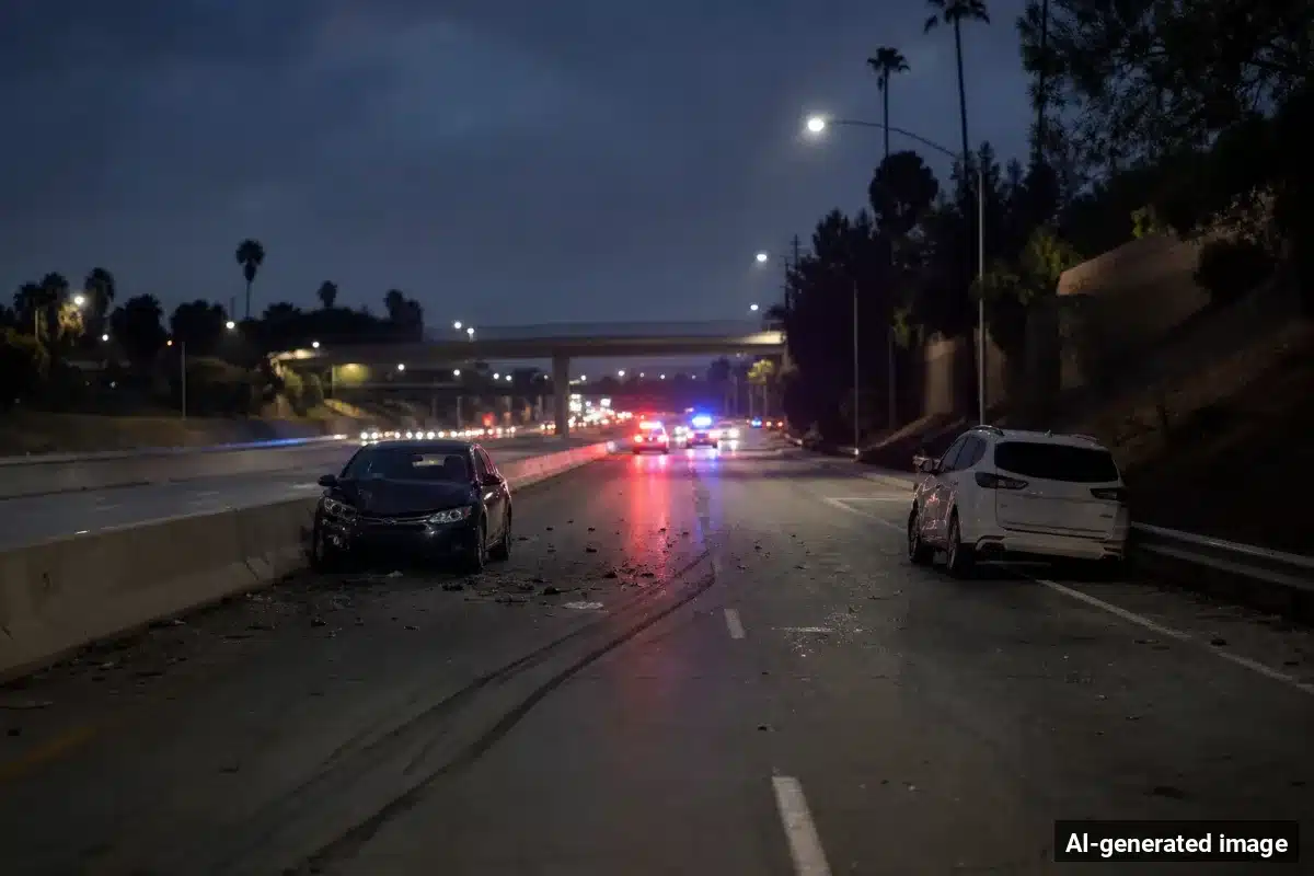 AI-generated image – Person Ejected, Killed in Two-Vehicle I-5 Crash in San Diego AI-generated image depicting the aftermath of the reported collision. Editorial scene illustration; not the actual incident.