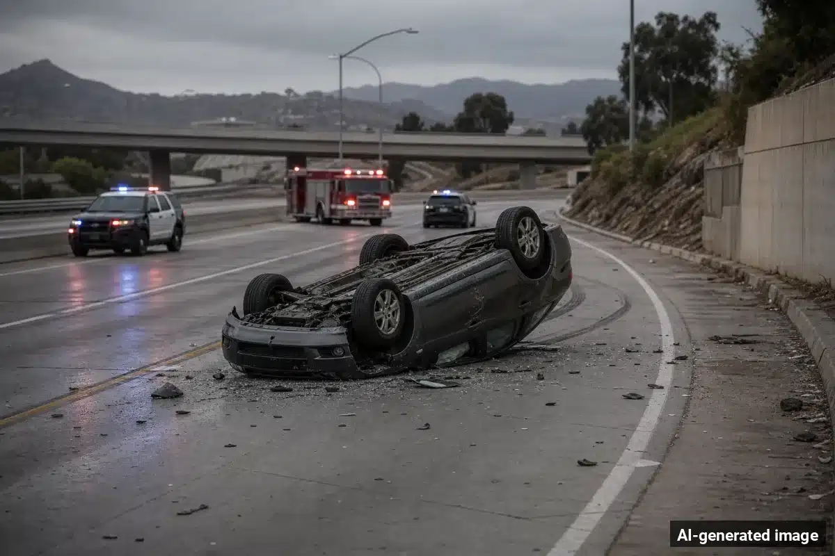 AI-generated image – Person Killed in Single-Vehicle Crash on 14 Freeway in Palmdale AI-generated image depicting the aftermath of the reported collision. Editorial scene illustration; not the actual incident.